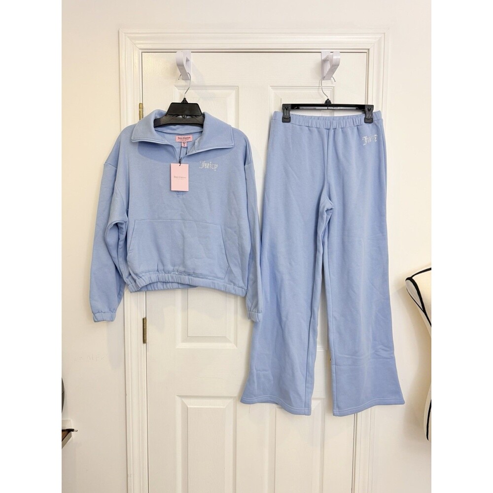 Juicy Couture Breezy Rhinestone Logo Quarter Zip & Pants Set Blue Size M